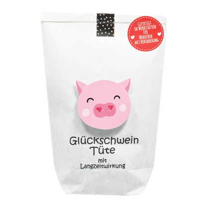 Verschenke Glücksschwein Geschenke das ganze Jahr über mit unserer Glücksschwein-Tüte. Ein charmantes Geschenk, das nicht nur zu Silvester Freude macht!