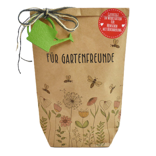 bedruckte Wundertüte mit Blumen und Bienen als Geschenk für Gartenfreunde