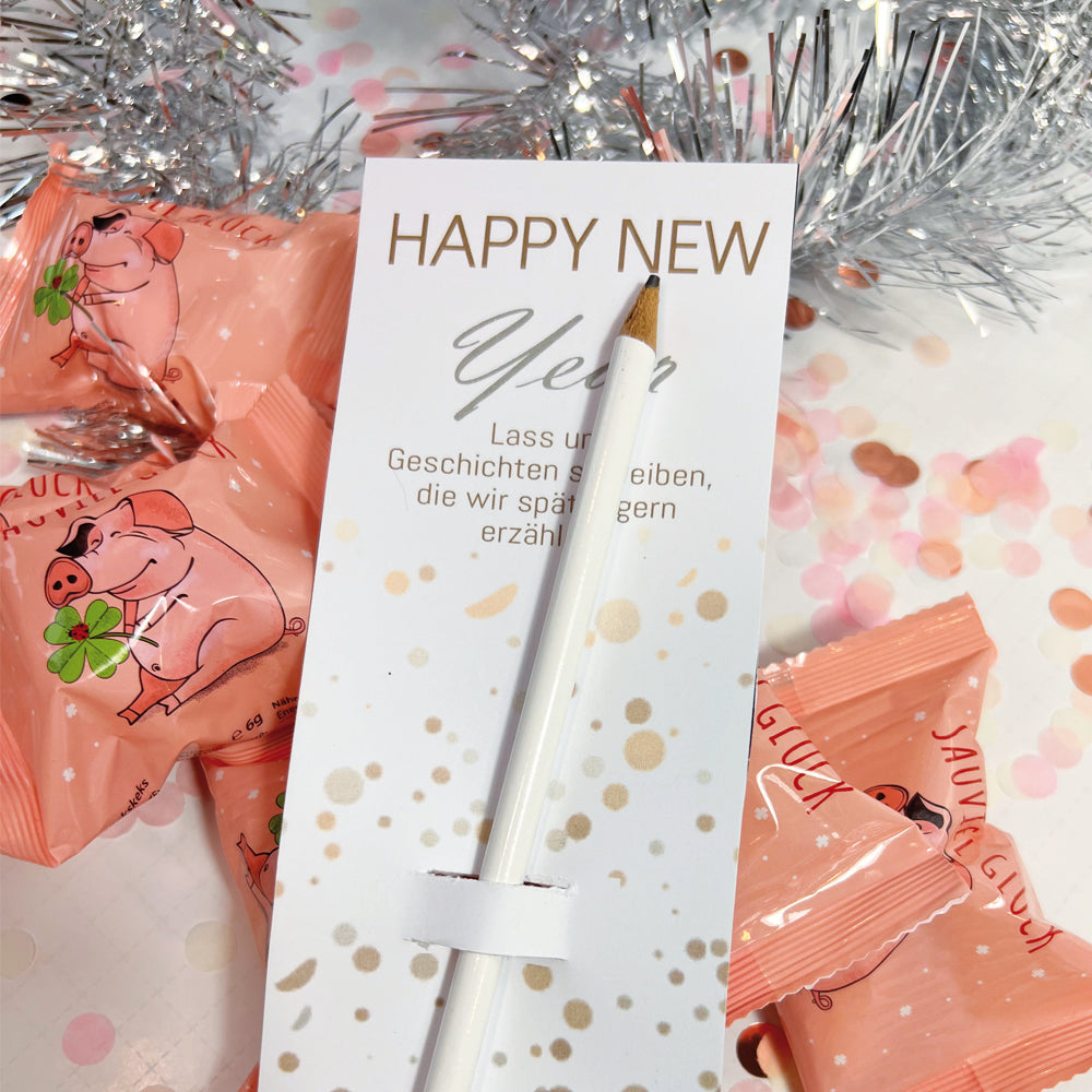 Neujahrsgeschenke – Happy New Year Karte mit Bleistift